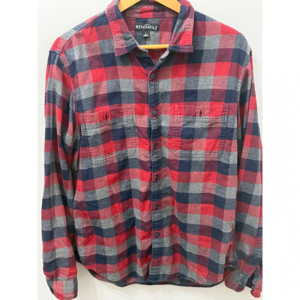 J.Crew Mercantile Red Navy Gray Plaid Flannel Button Down Shirt Size Large
